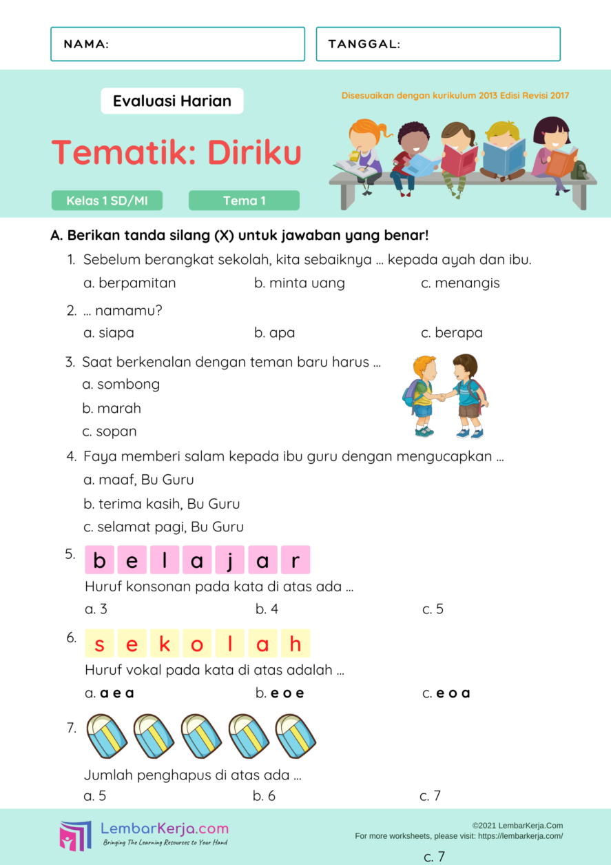 Ulangan Harian Tematik Kelas 1 SD - Tema 1 - LembarKerja.Com