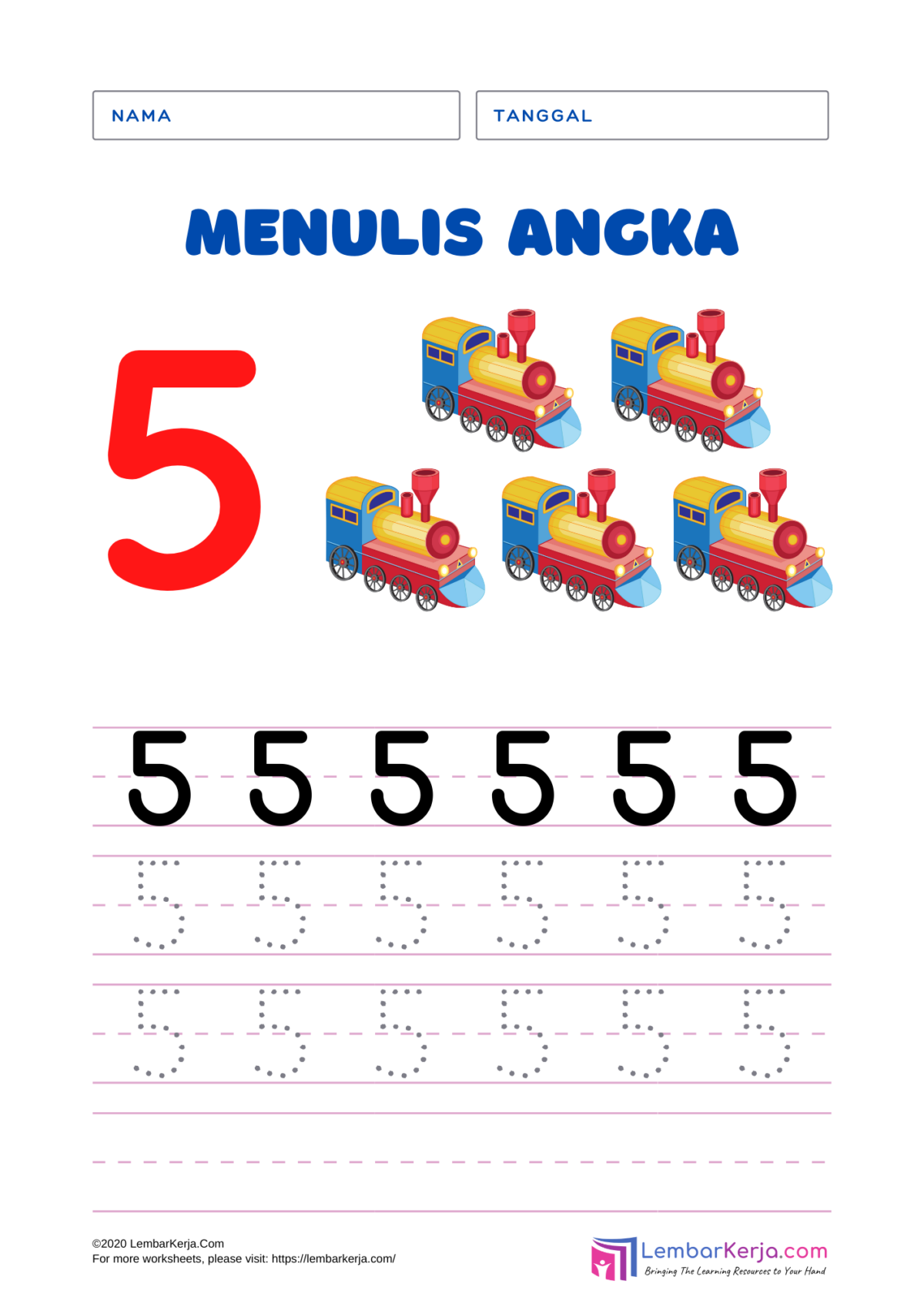 Menulis Angka 5 (Seri Transportasi) - LembarKerja.Com