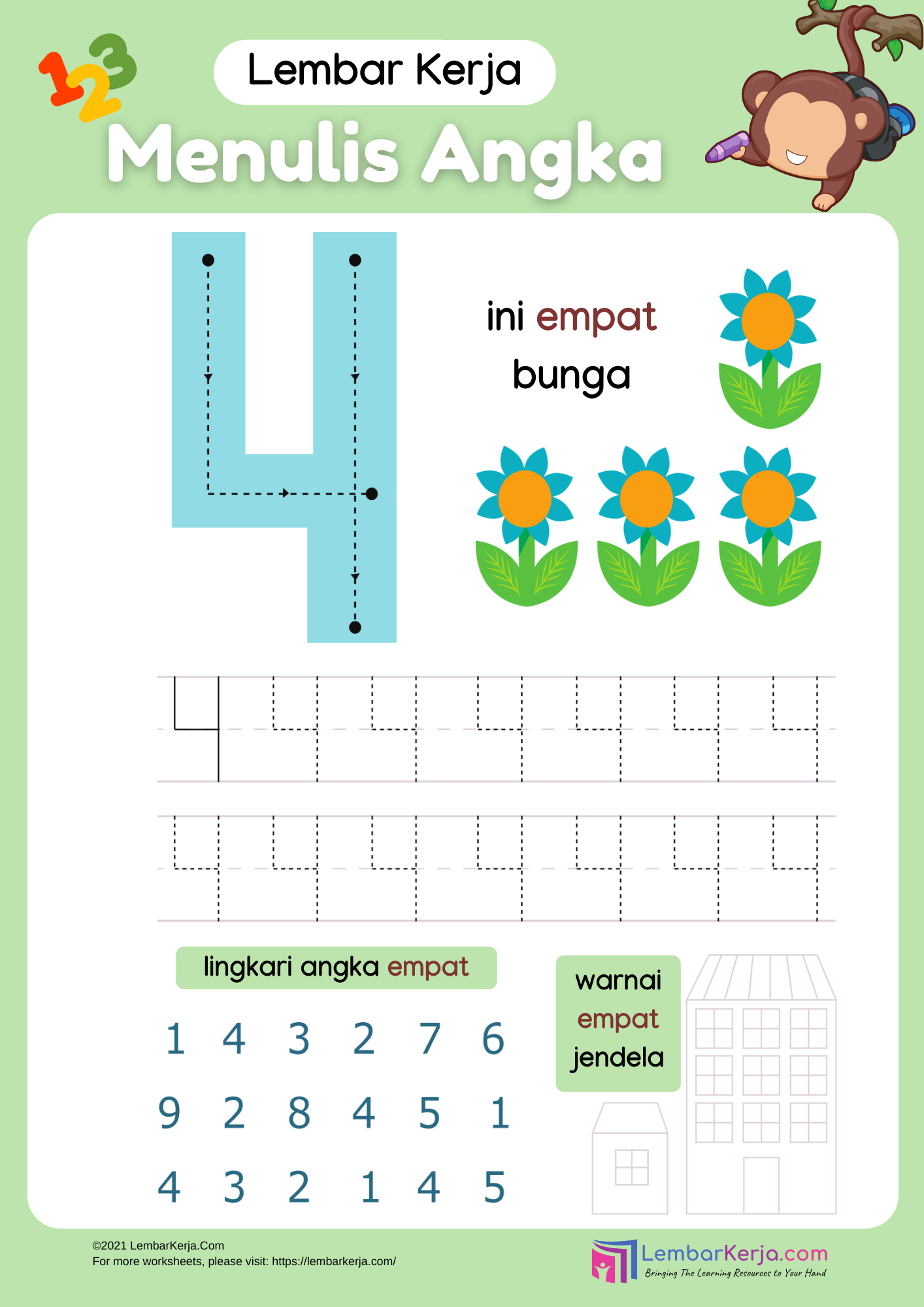 Menulis Angka 4 - LembarKerja.Com