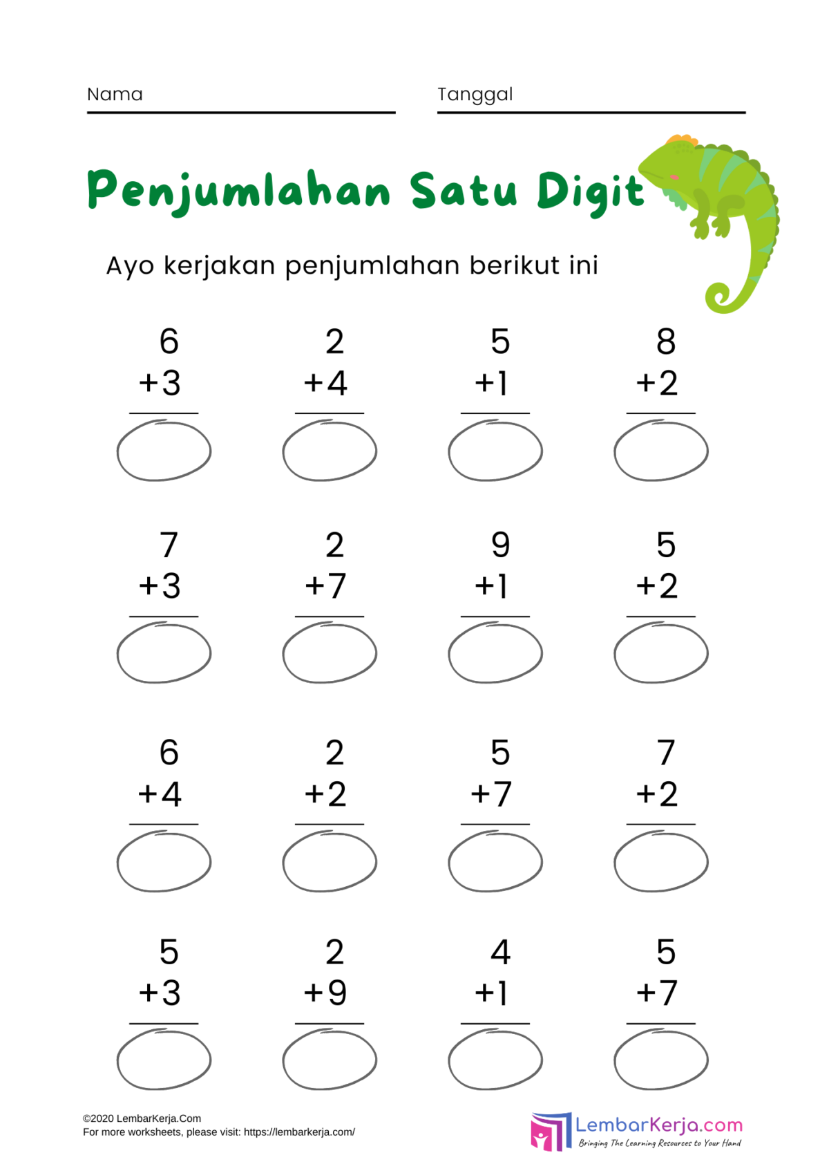 Penjumlahan Satu Digit (1) – LembarKerja.Com