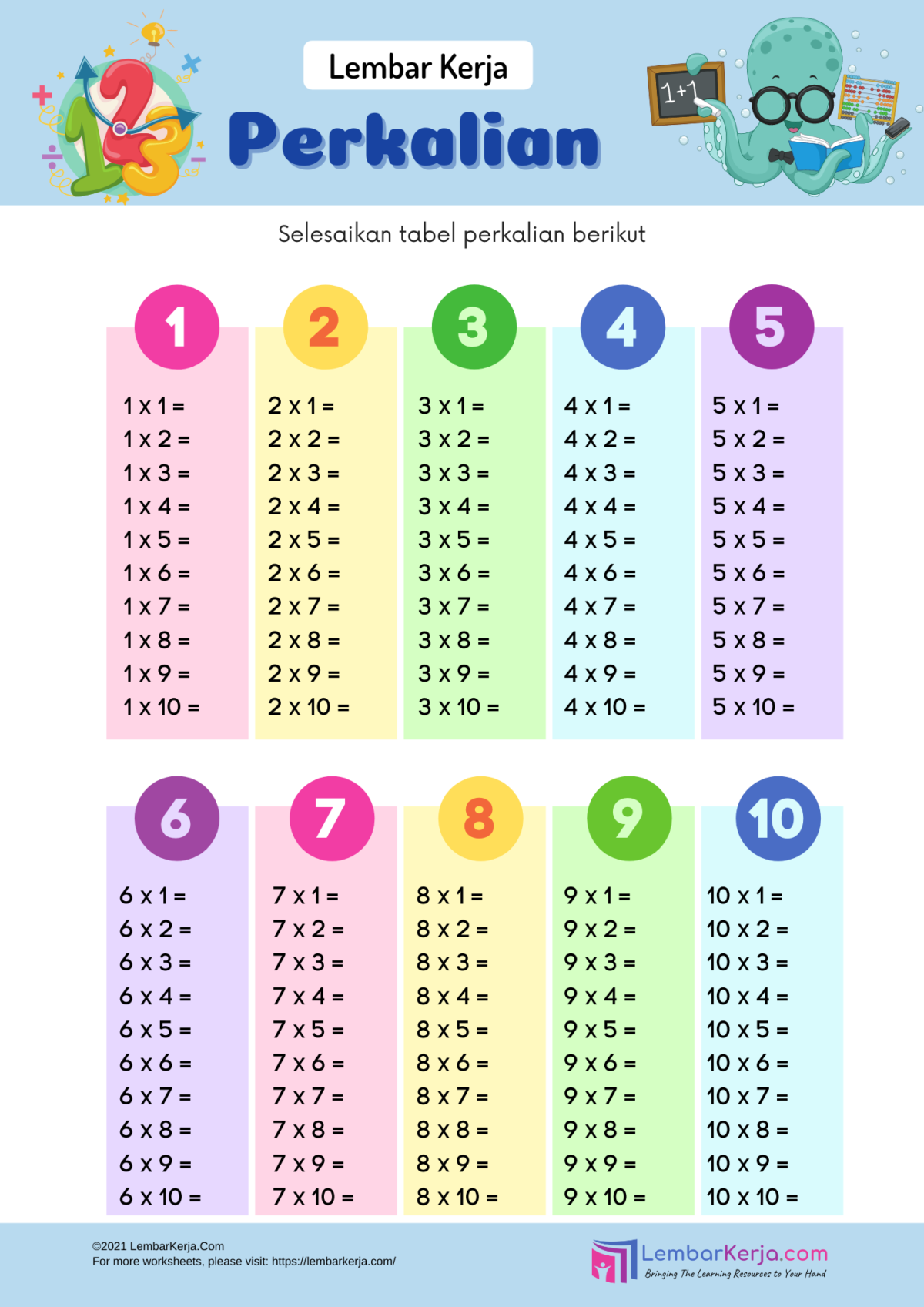 Tabel Perkalian 1 10 Hd Tabel Perkalian Matematika Lembar Kerja ...