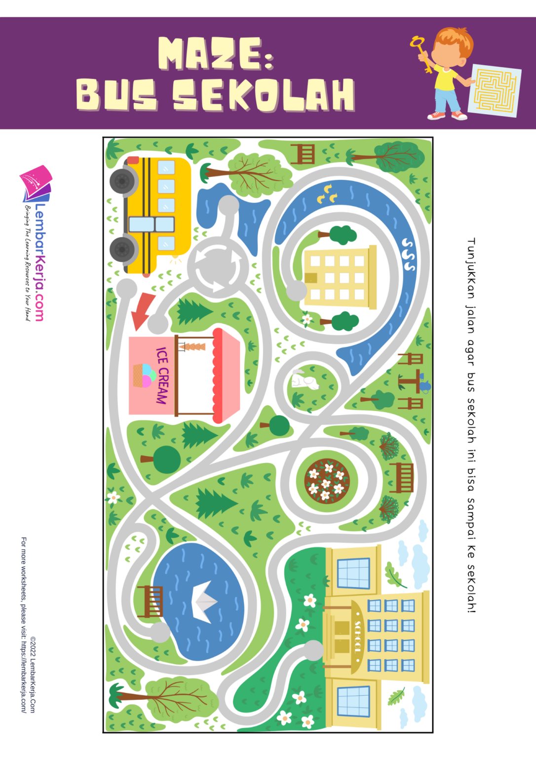Maze: Bus Sekolah (2) - LembarKerja.Com