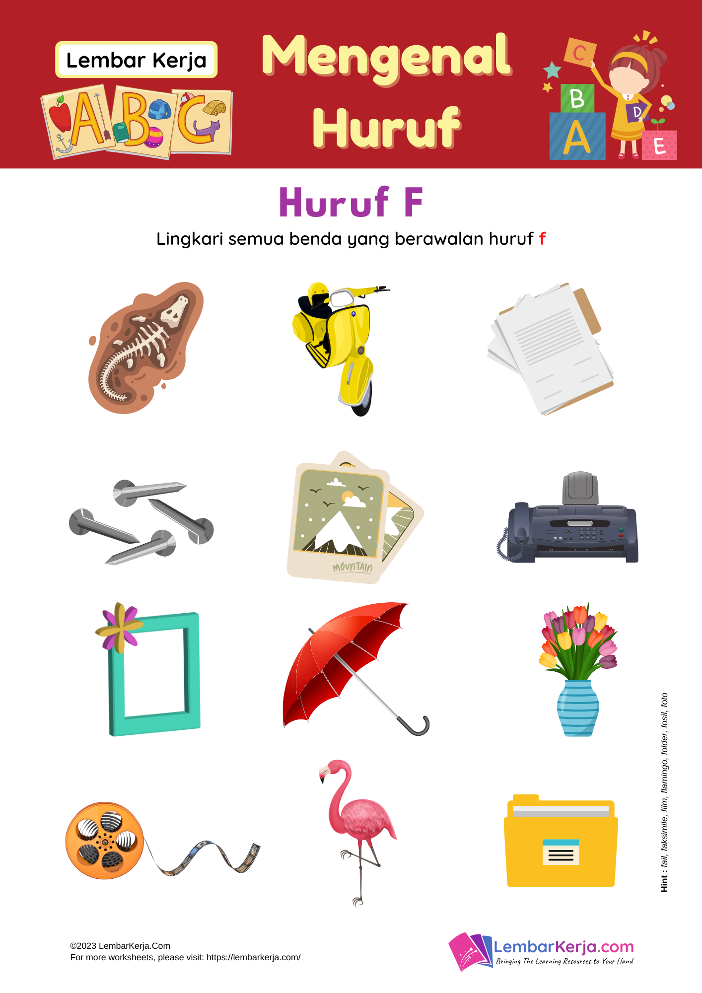 Mengenal Huruf F - LembarKerja.Com