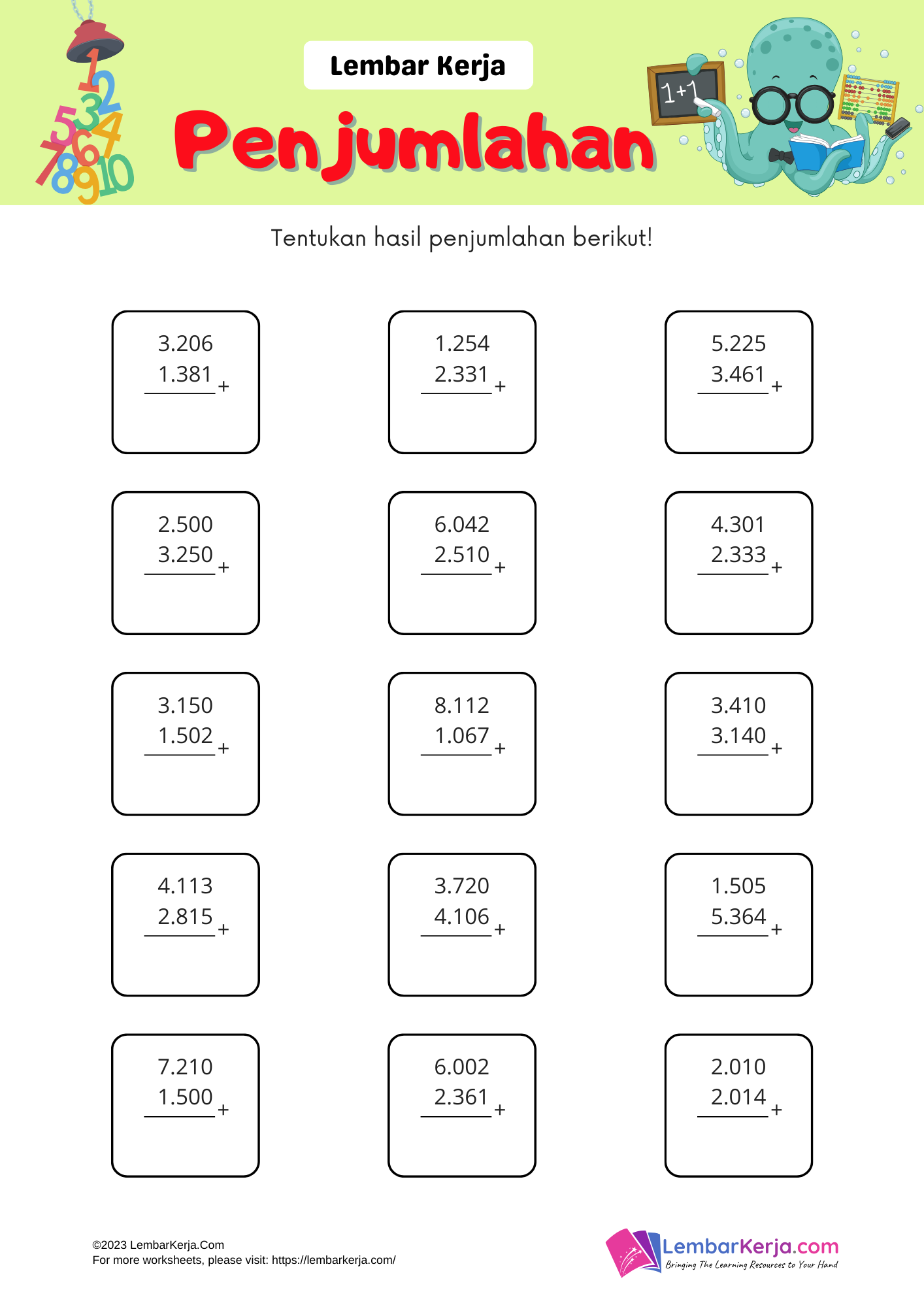 Penjumlahan Bilangan Empat Angka (1) - LembarKerja.Com